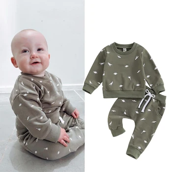FOCUSNORM 0-3Y Bebek Bebek Erkek Giysileri Setleri 2 adet Karikatür Dinozor Baskı Uzun Kollu Kazak Elastik Pantolon