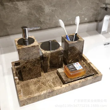 Toptan Özelleştirilmiş Emperador Koyu Doğal Mermer Taş Banyo Seti Derin Kahverengi Diş Fırçası Tutucu Sabunluk Dağıtıcı Kiti