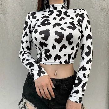Seksi Kadın Süt İnek Desen Baskı Kırpma Üst Kadın Uzun Kollu Slim Fit Tatil Moda Rahat Kısa T Shirt Streetwear