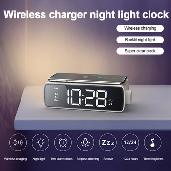 Kablosuz Şarj çalar saat LED gece Lambası parlaklık Ayarlanabilir hızlı şarj Erteleme fonksiyonu Saat Çift alarm Dijital saat