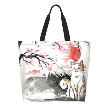 Komik Baskı Japon Sakura Sevimli Kedi Alışveriş Tote Çanta Yıkanabilir Tuval Shopper Omuz Çiçek Çiçek Çanta