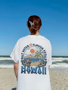 Hawaii Tuzlu Su Çiçek Yaprakları Baskılı Kadın T-Shirt 2023 Yeni Pamuk Tee Rahat Kişilik Kadın Üstleri Gevşek Giysiler