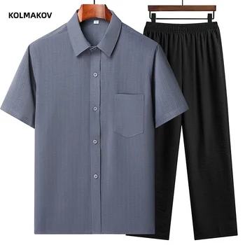 (Gömlek + pantolon)2023 yaz kısa kollu erkek gömlek erkek rahat elastik bel gömlek erkekler İki parçalı Takım Elbise boyutu M-5XL TZ1202