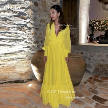 OLOEY Basit Parlak Sarı Şifon balo kıyafetleri Puf Uzun Kollu V Boyun Abiye giyim Artı Boyutu Resmi Parti Elbise Vestidos