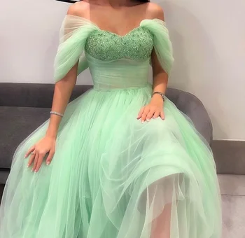 AsaNagi Nane Yeşil Suudi Arapça Tül Abiye Süpürgelik Kapalı Omuz Çay Boyu A-Line Balo Elbise Düğün Parti Kıyafeti
