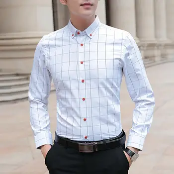 Erkek Gömlek Ekose Baskı Uzun Kollu Düğme Resmi Tek göğüslü Sıcak İş Artı Boyutu Sonbahar Üst Erkek Giysileri